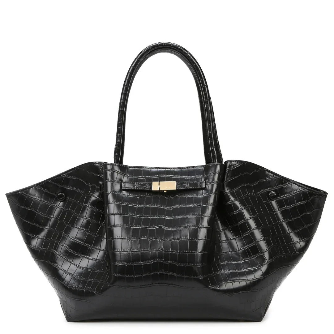 Black crocodile-embossed leather tote bag with gold clasp and wide side panels