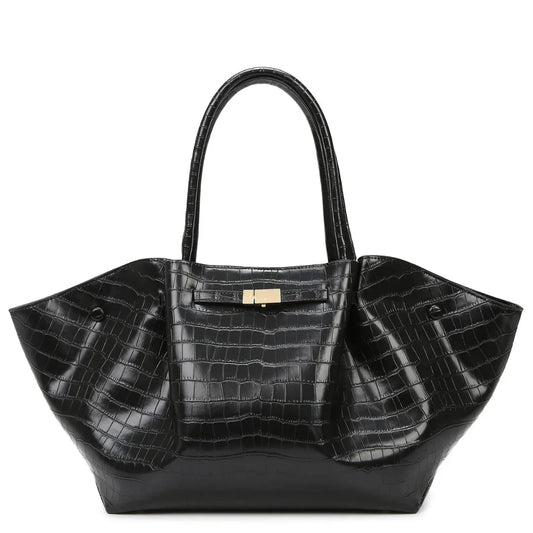 Black crocodile-embossed leather tote bag with gold clasp and wide side panels