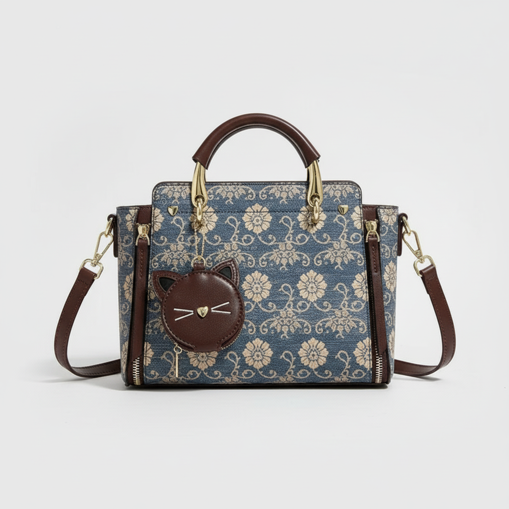Blue floral pattern handbag with brown leather handles and cat-shaped coin pouch