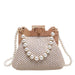 Woven straw handbag with wooden frame and pearl beaded handle, elegant summer purse