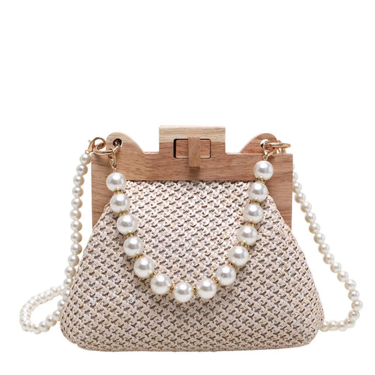 Woven straw handbag with wooden frame and pearl beaded handle, elegant summer purse