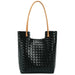 Black woven leather tote bag with brown handles, fashionable large handbag
