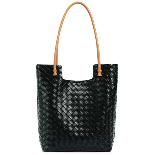 Black woven leather tote bag with brown handles, fashionable large handbag