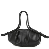 Black leather handbag with double handles and knotted ends against white background