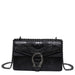 Black crocodile-embossed leather shoulder bag with metal chain strap and decorative buckle