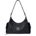 Black leather shoulder bag with silver round logo, front zipper, and side pockets