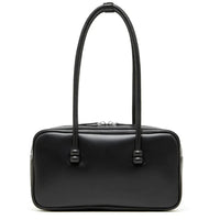 Black rectangular leather handbag with dual long handles on white background