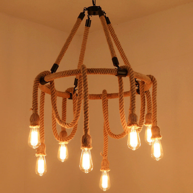 Hemp Rope Exposed Bulb Chandelier Antiqued Restaurant Pendant Light Kit in Beige - Rebooters