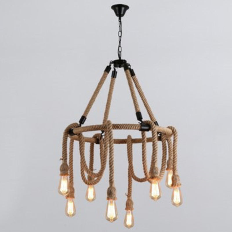 Hemp Rope Exposed Bulb Chandelier Antiqued Restaurant Pendant Light Kit in Beige - Rebooters