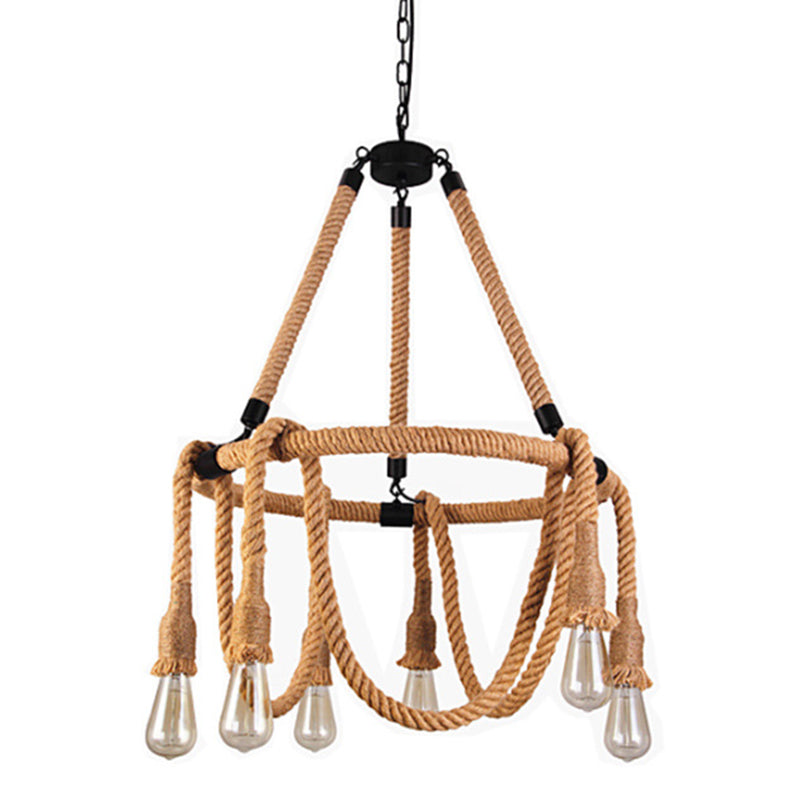 Hemp Rope Exposed Bulb Chandelier Antiqued Restaurant Pendant Light Kit in Beige - Rebooters