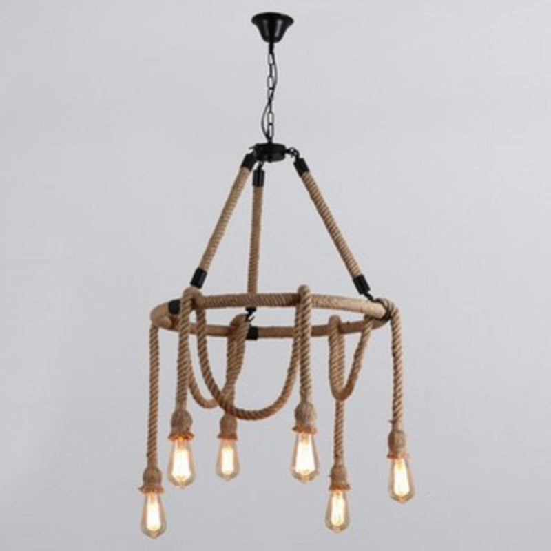 Hemp Rope Exposed Bulb Chandelier Antiqued Restaurant Pendant Light Kit in Beige - Rebooters