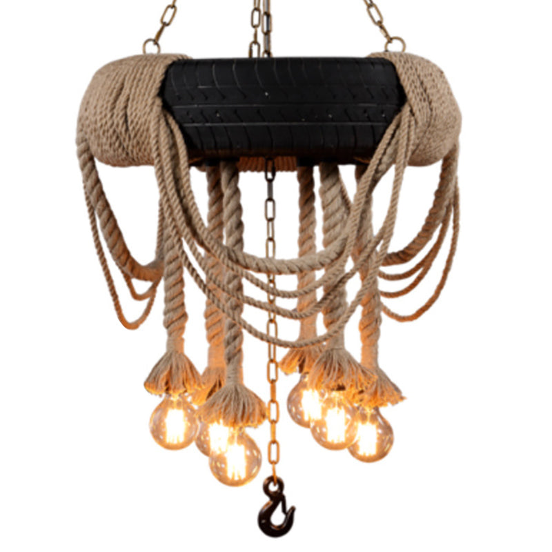 Black Tyre Hanging Chandelier Warehouse Rope 5 Lights Pendant - Rebooters