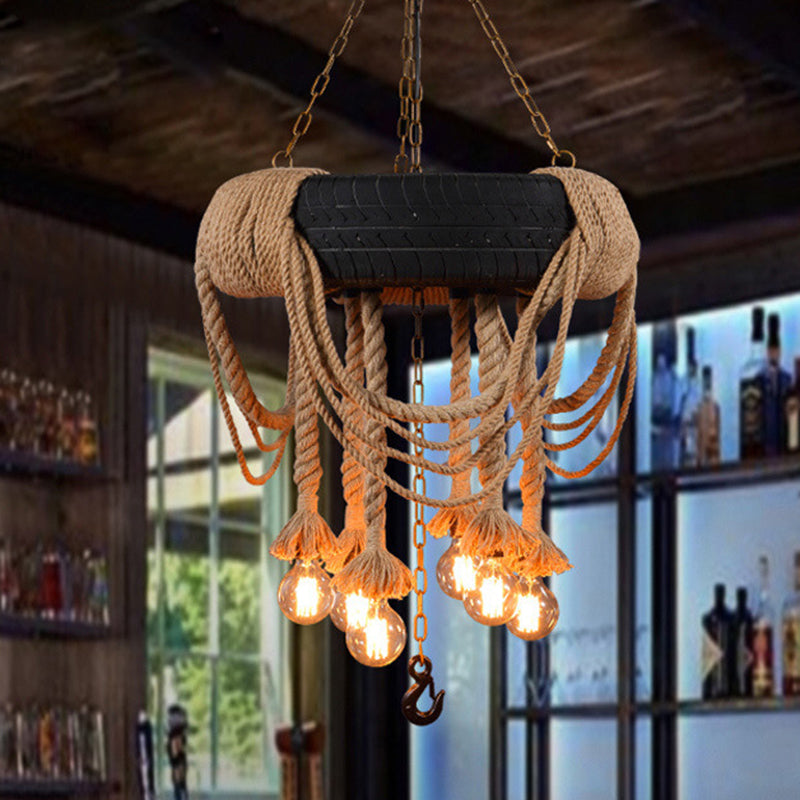 Black Tyre Hanging Chandelier Warehouse Rope 5 Lights Pendant - Rebooters