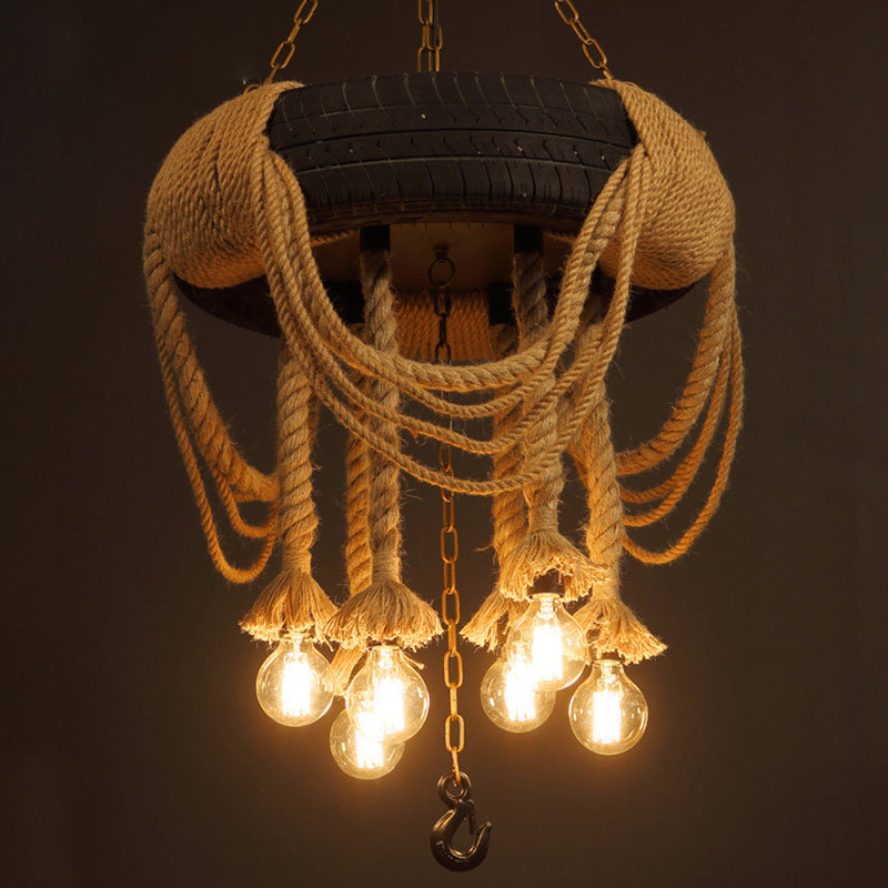 Black Tyre Hanging Chandelier Warehouse Rope 5 Lights Pendant - Rebooters