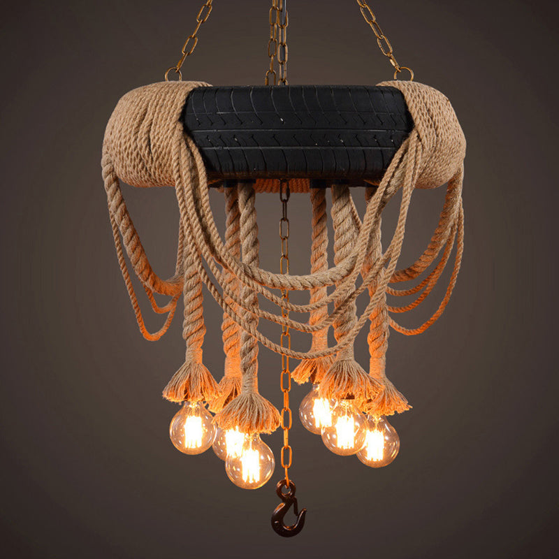 Black Tyre Hanging Chandelier Warehouse Rope 5 Lights Pendant - Rebooters