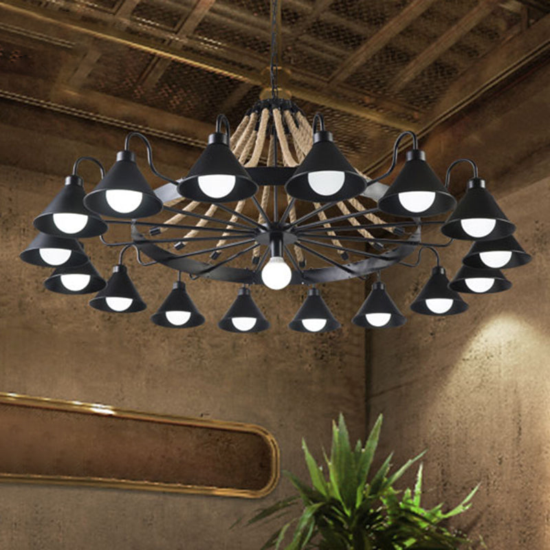 Metal Black Chandelier Light Fixture Cone Industrial Rope Ceiling Suspension Lamp - Rebooters