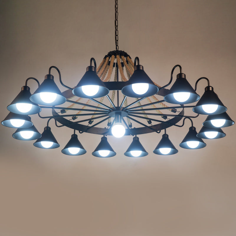 Metal Black Chandelier Light Fixture Cone Industrial Rope Ceiling Suspension Lamp - Rebooters