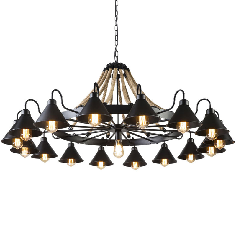 Metal Black Chandelier Light Fixture Cone Industrial Rope Ceiling Suspension Lamp - Rebooters