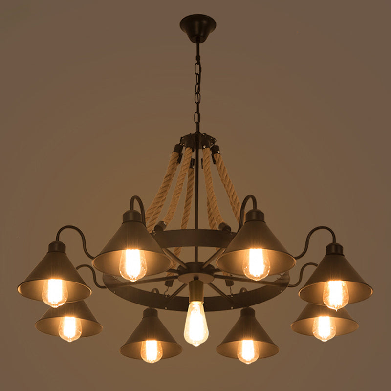 Metal Black Chandelier Light Fixture Cone Industrial Rope Ceiling Suspension Lamp - Rebooters