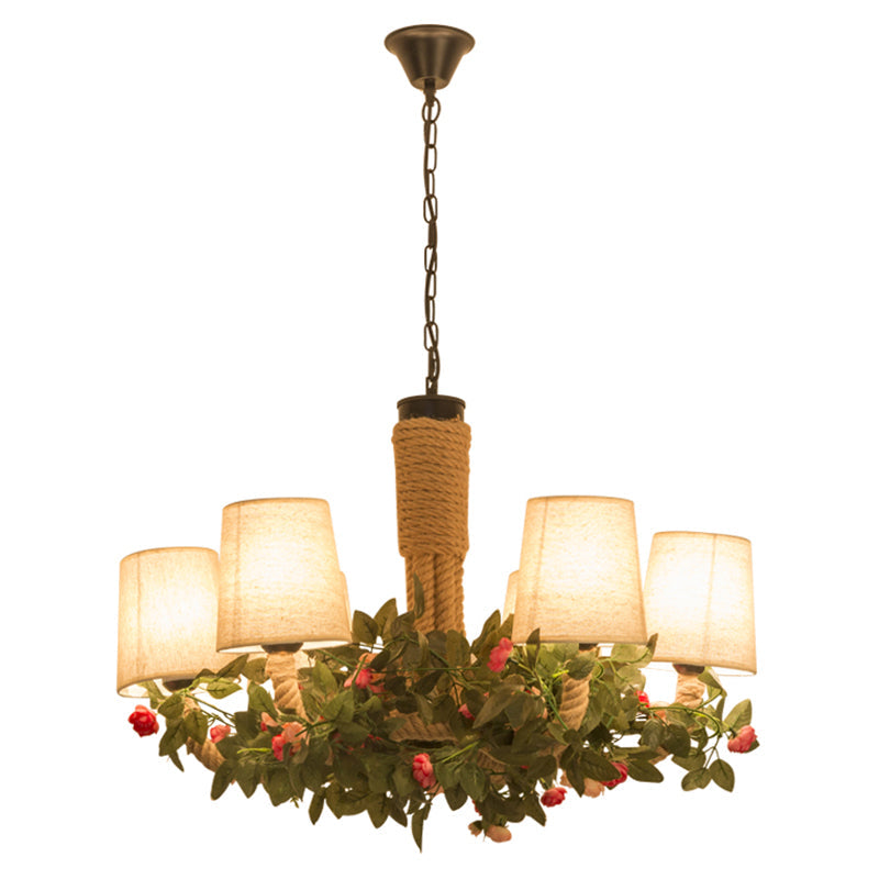 Conical Fabric Hanging Chandelier Rustic 6 Lights Beige Lamp - Rebooters