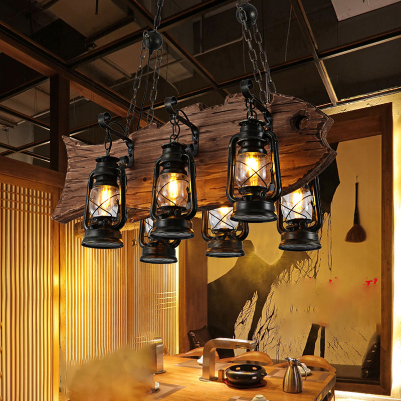 Black Kerosene Chandelier Light Coastal Clear Glass 6 Heads Restaurant Pendant Lighting with Wood Fish - Rebooters