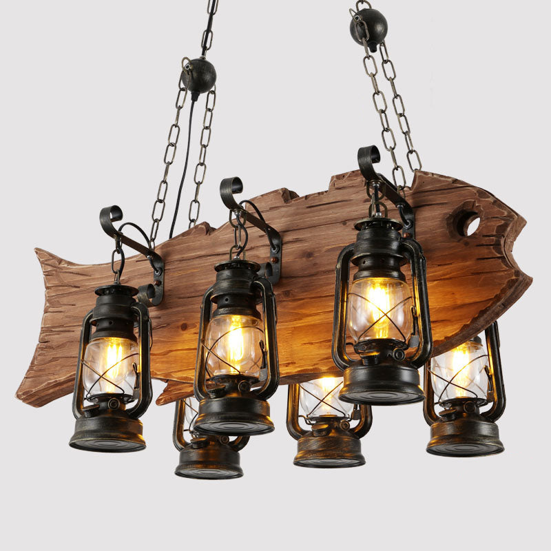 Black Kerosene Chandelier Light Coastal Clear Glass 6 Heads Restaurant Pendant Lighting with Wood Fish - Rebooters