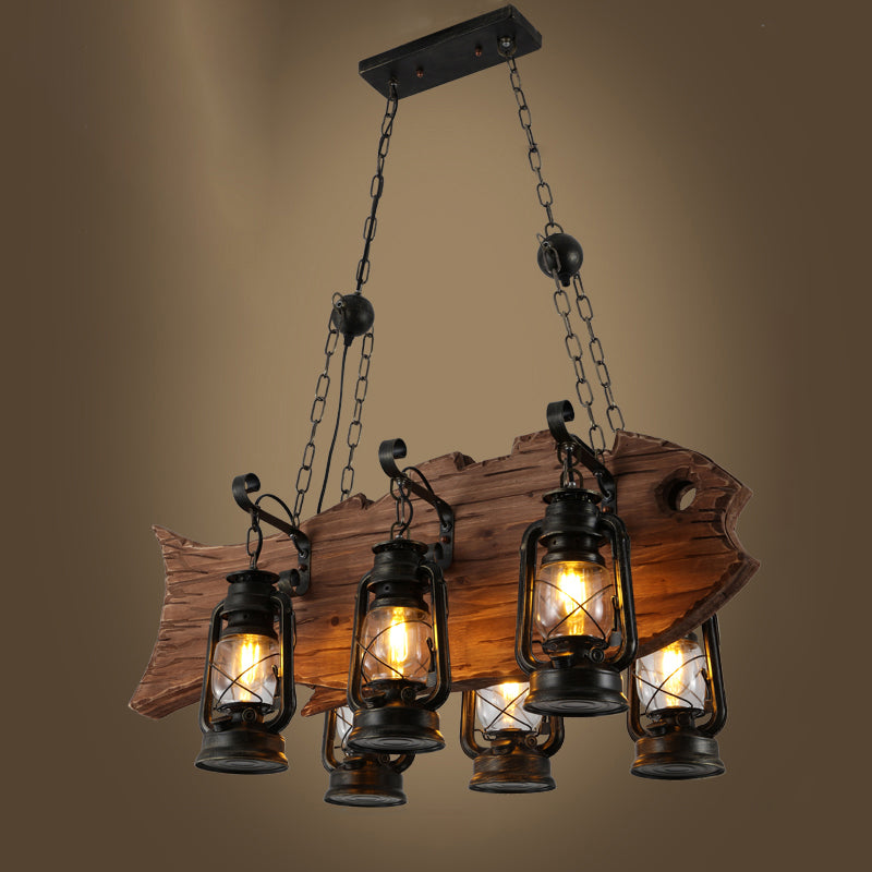 Black Kerosene Chandelier Light Coastal Clear Glass 6 Heads Restaurant Pendant Lighting with Wood Fish - Rebooters