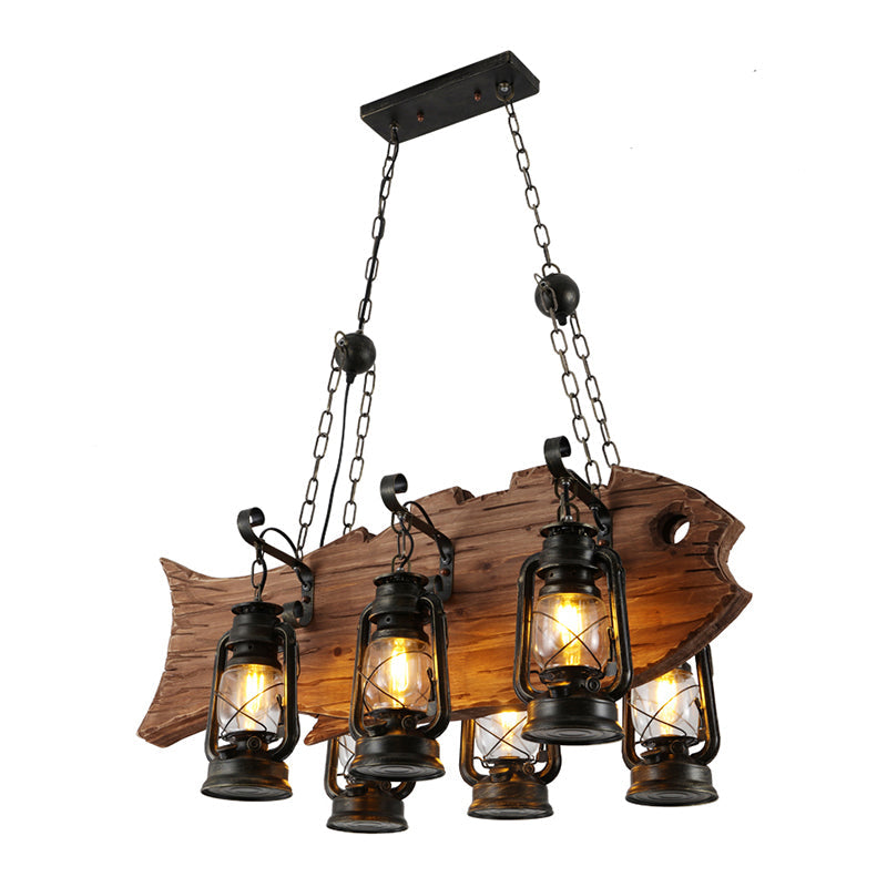 Black Kerosene Chandelier Light Coastal Clear Glass 6 Heads Restaurant Pendant Lighting with Wood Fish - Rebooters