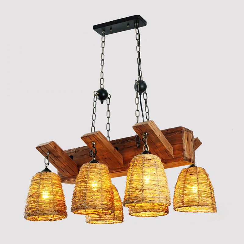 Rattan Wood Pendant Chandelier Bell Shade Industrial Light Fixture - Rebooters