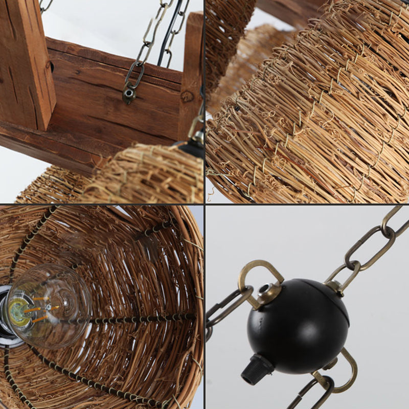 Rattan Wood Pendant Chandelier Bell Shade Industrial Light Fixture - Rebooters