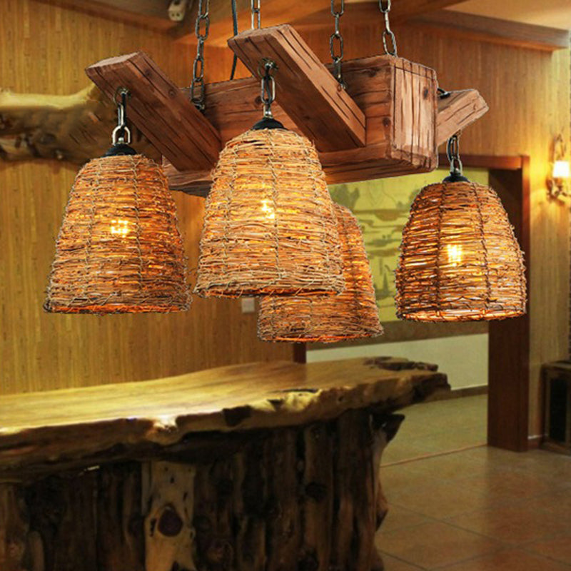 Rattan Wood Pendant Chandelier Bell Shade Industrial Light Fixture - Rebooters