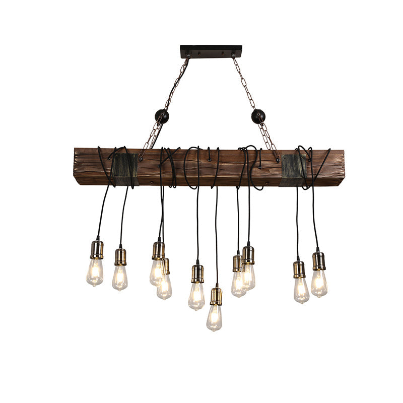 Linear Island Lighting Industrial Gold Finish Wood Pendant Light Fixture with Open Bulb Design - Rebooters