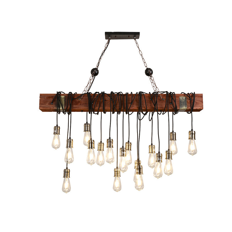 Linear Island Lighting Industrial Gold Finish Wood Pendant Light Fixture with Open Bulb Design - Rebooters