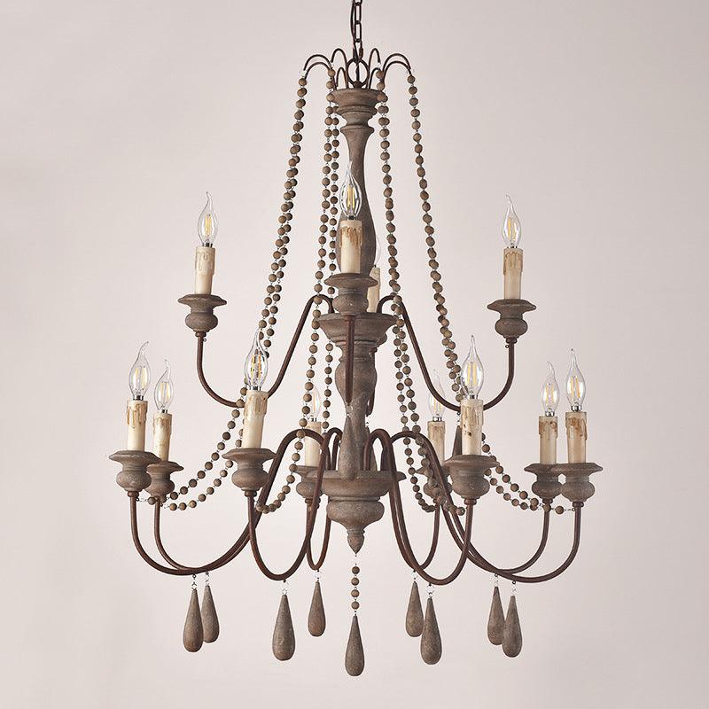 Bead Strand Hanging Chandelier Distressed Wood Lamp Design - Rebooters