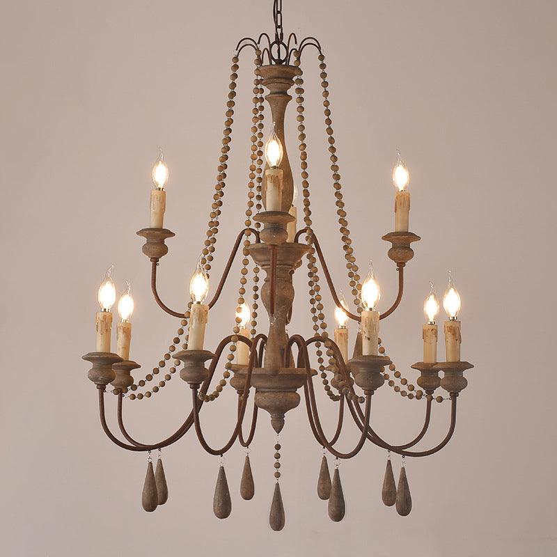 Bead Strand Hanging Chandelier Distressed Wood Lamp Design - Rebooters