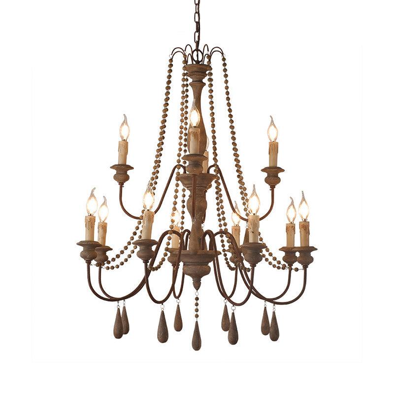 Bead Strand Hanging Chandelier Distressed Wood Lamp Design - Rebooters