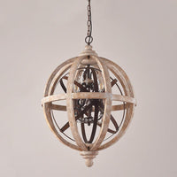 5-Light Wood Drop Pendant Distressed White Globe Chandelier - Rebooters