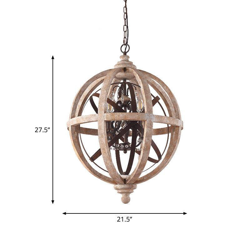 5-Light Wood Drop Pendant Distressed White Globe Chandelier - Rebooters