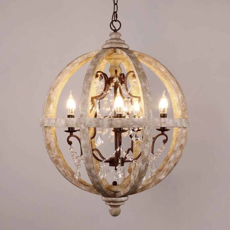 5-Light Wood Drop Pendant Distressed White Globe Chandelier - Rebooters