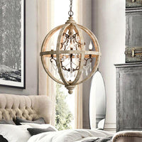 5-Light Wood Drop Pendant Distressed White Globe Chandelier - Rebooters