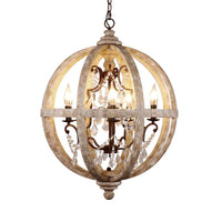 5-Light Wood Drop Pendant Distressed White Globe Chandelier - Rebooters