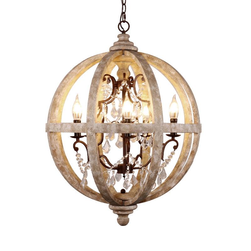 5-Light Wood Drop Pendant Distressed White Globe Chandelier - Rebooters