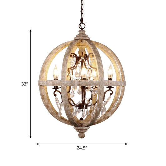 5-Light Wood Drop Pendant Distressed White Globe Chandelier - Rebooters