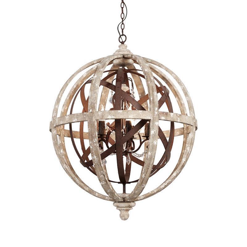 5-Light Wood Drop Pendant Distressed White Globe Chandelier - Rebooters