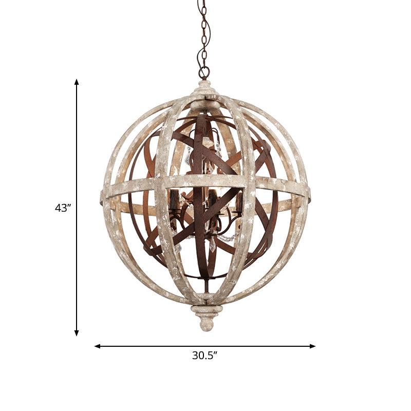5-Light Wood Drop Pendant Distressed White Globe Chandelier - Rebooters