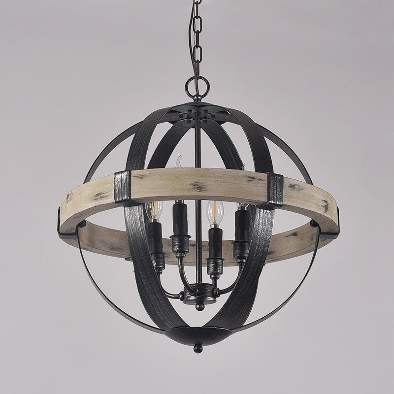 Wood Strap Globe Pendant Chandelier Country Living Room Lamp - Rebooters