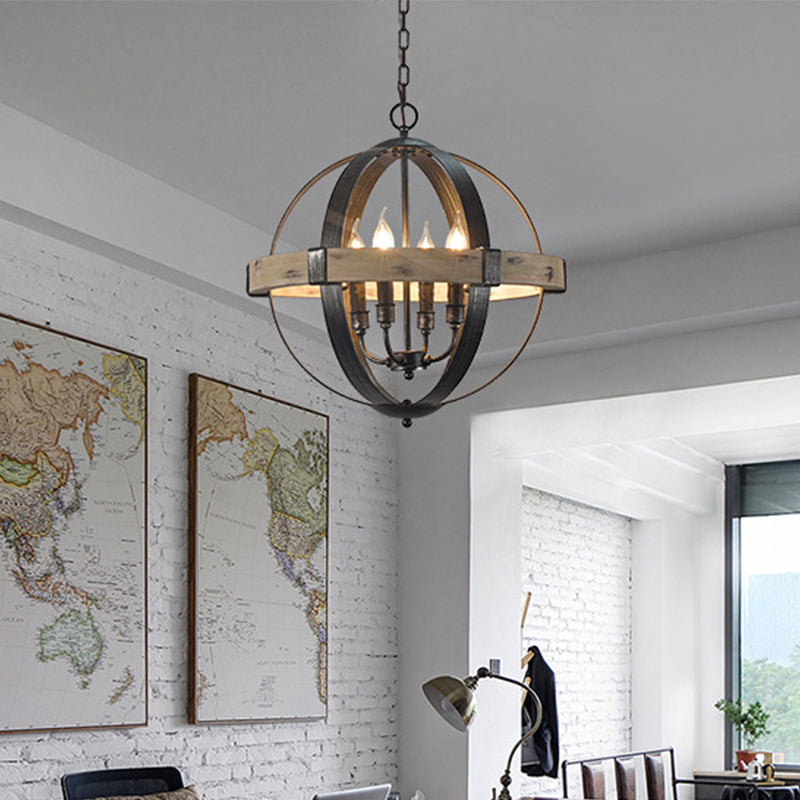 Wood Strap Globe Pendant Chandelier Country Living Room Lamp - Rebooters