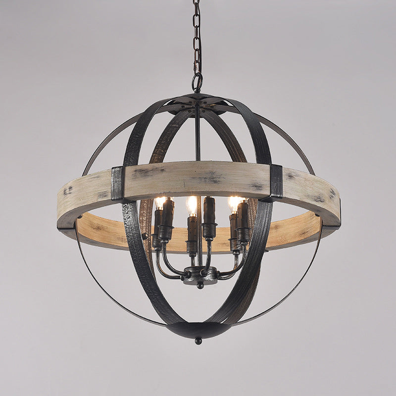 Wood Strap Globe Pendant Chandelier Country Living Room Lamp - Rebooters