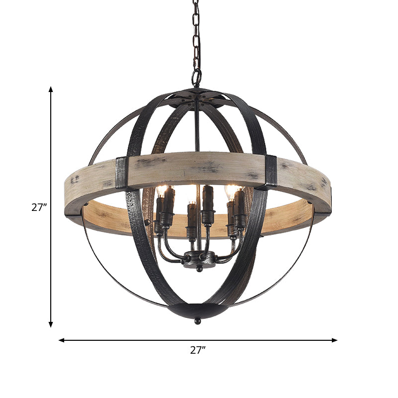 Wood Strap Globe Pendant Chandelier Country Living Room Lamp - Rebooters