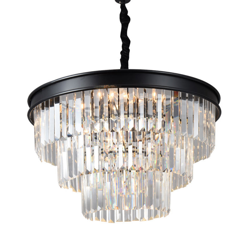 12 Heads Tiered Round Pendulum Light Country Black Finish Crystal Chandelier - Rebooters